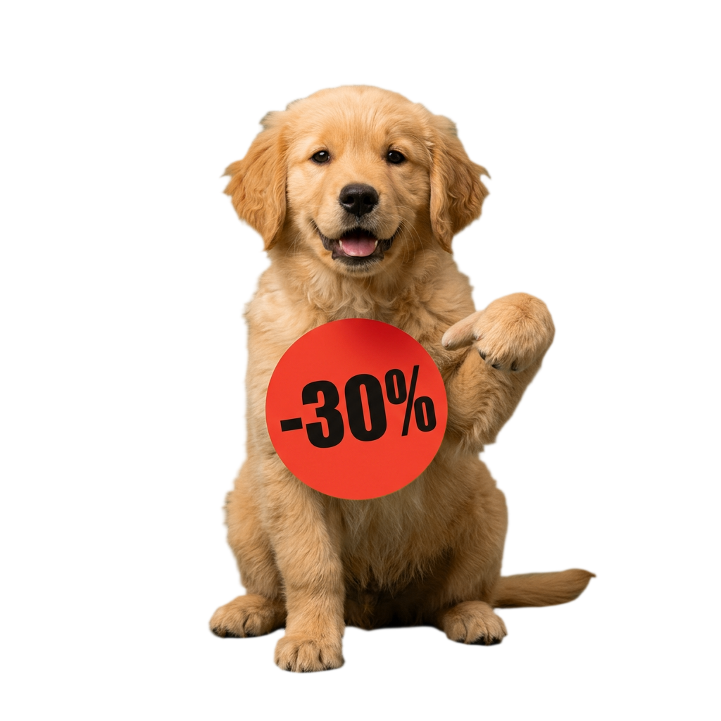 Щенок с ярко-красным ценником −30% на груди